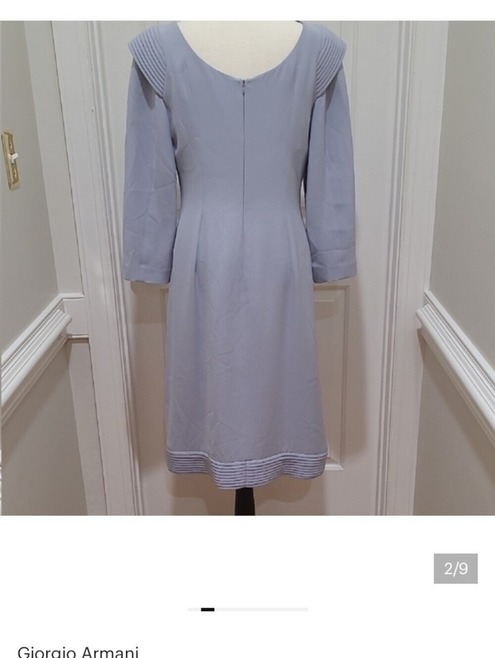 Giorgio Armani Silk Pale Lilac Blue Midi Sheath Pleated Hemline Shoulder Dress L - Picture 9 of 11